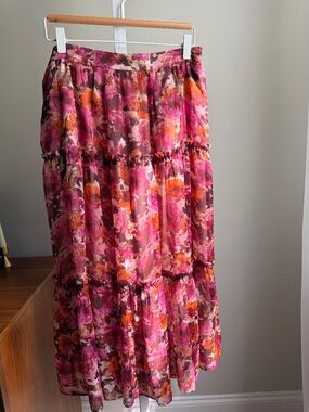 1. State Floral Pink and Orange Tiered Maxi Skirt Medium